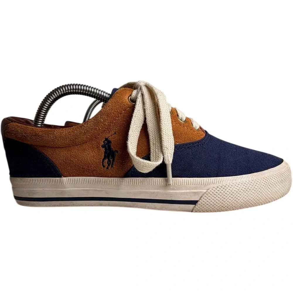 Polo Ralph Lauren Vaughn Saddle Sneakers Men’s 8D Navy Tan Canvas Suede - Picture 6 of 10